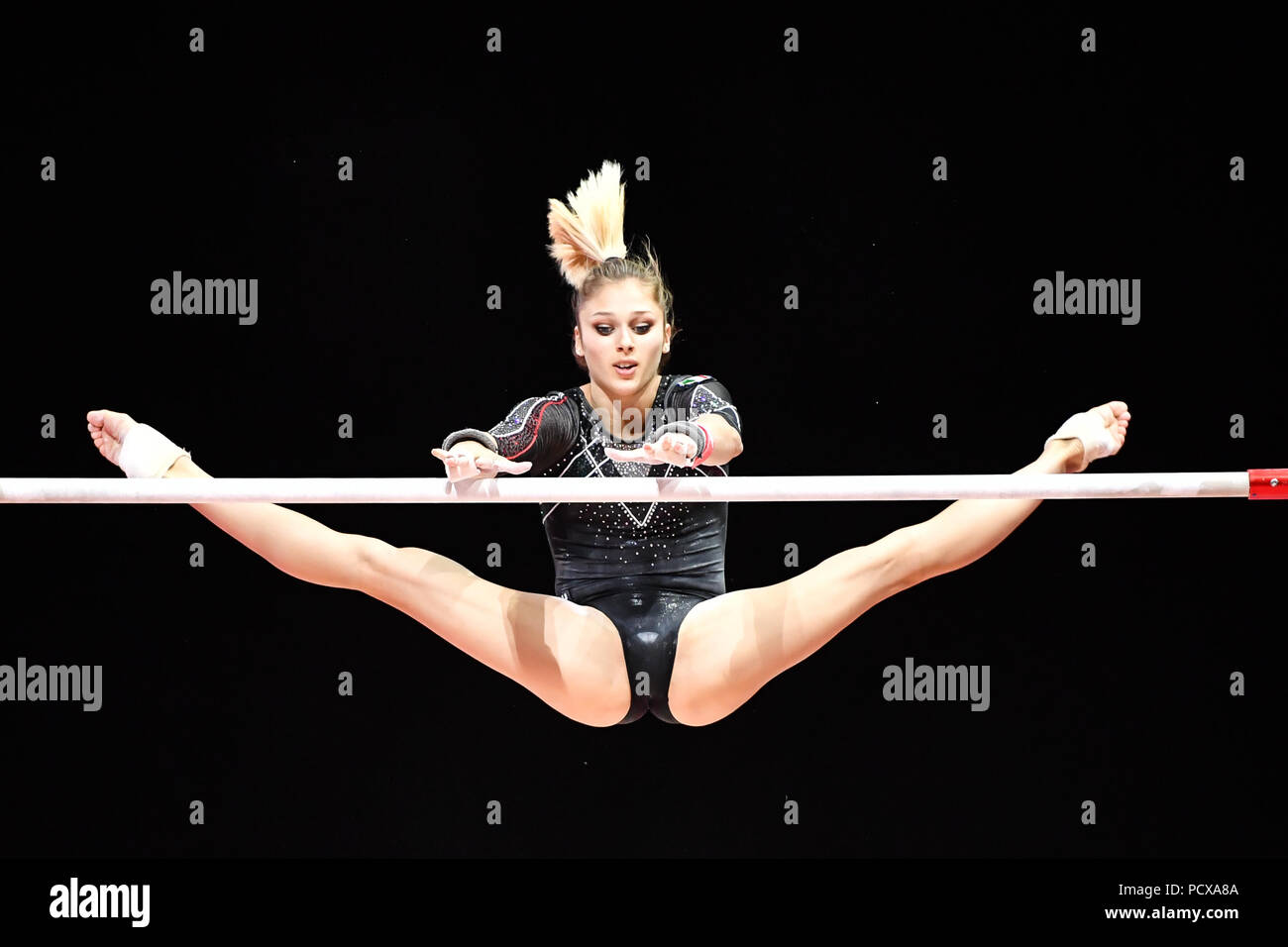 Glasgow, UK, 4 Aug 2018. GRISETTI Giada ITA competes on Uneven Bars in Women's Artistic Gymnastics Team Final during the European Championships Glasgow 2018 at The SSE Hydro on Saturday, 04 August 2018. GLASGOW SCOTLAND . Credit: Taka G Wu Credit: Taka Wu/Alamy Live News Stock Photo
