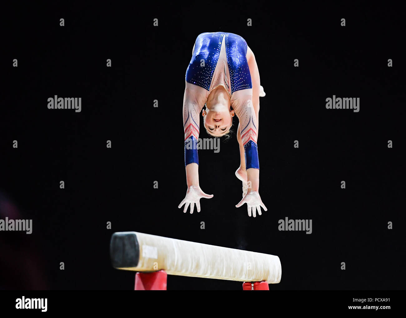 Glasgow, UK, 4 Aug 2018. CHARPY Lorette (FRA) competes on Balance Beam in Women's Artistic Gymnastics Team Final during the European Championships Glasgow 2018 at The SSE Hydro on Saturday, 04 August 2018. GLASGOW SCOTLAND . Credit: Taka G Wu Credit: Taka Wu/Alamy Live News Stock Photo