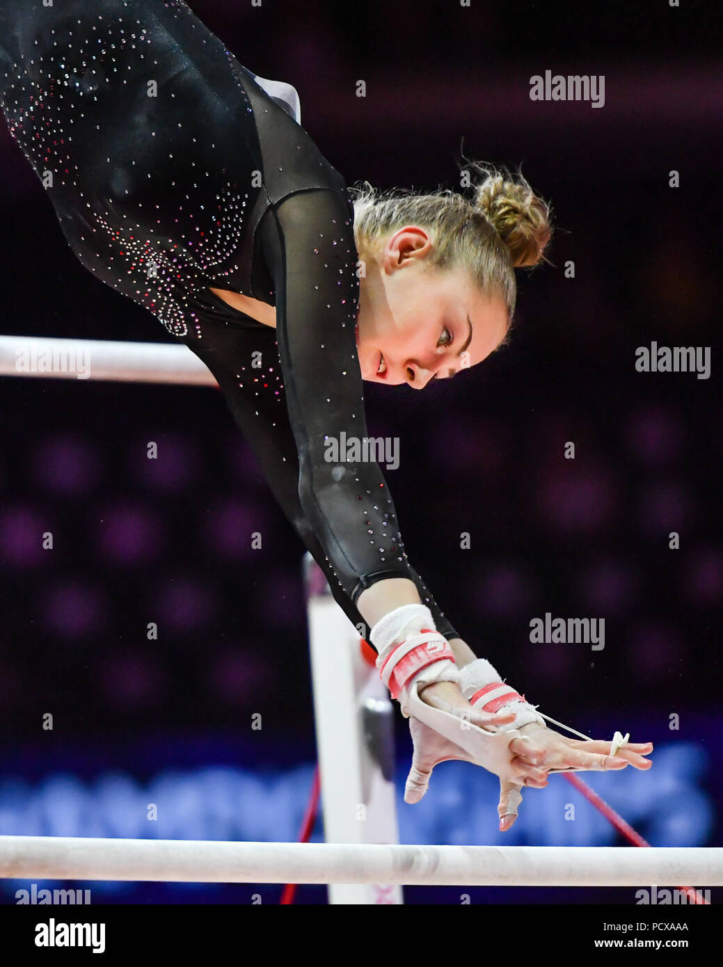 Glasgow, UK, 4 Aug 2018. Lucy Stanhope (GBR) competes on Uneven Bars in Women's Artistic Gymnastics Team Final during the European Championships Glasgow 2018 at The SSE Hydro on Saturday, 04 August 2018. GLASGOW SCOTLAND . Credit: Taka G Wu Credit: Taka Wu/Alamy Live News Stock Photo