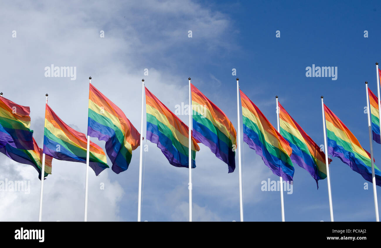 Stockholm, Sweden, 4 Aug 2018. The Europride parade goes through the streets of Stockholm. The rainbow flags wave on Stockholm Stadium. Credit: Jari Juntunen/Alamy Live News Credit: Jari Juntunen/Alamy Live News Stock Photo