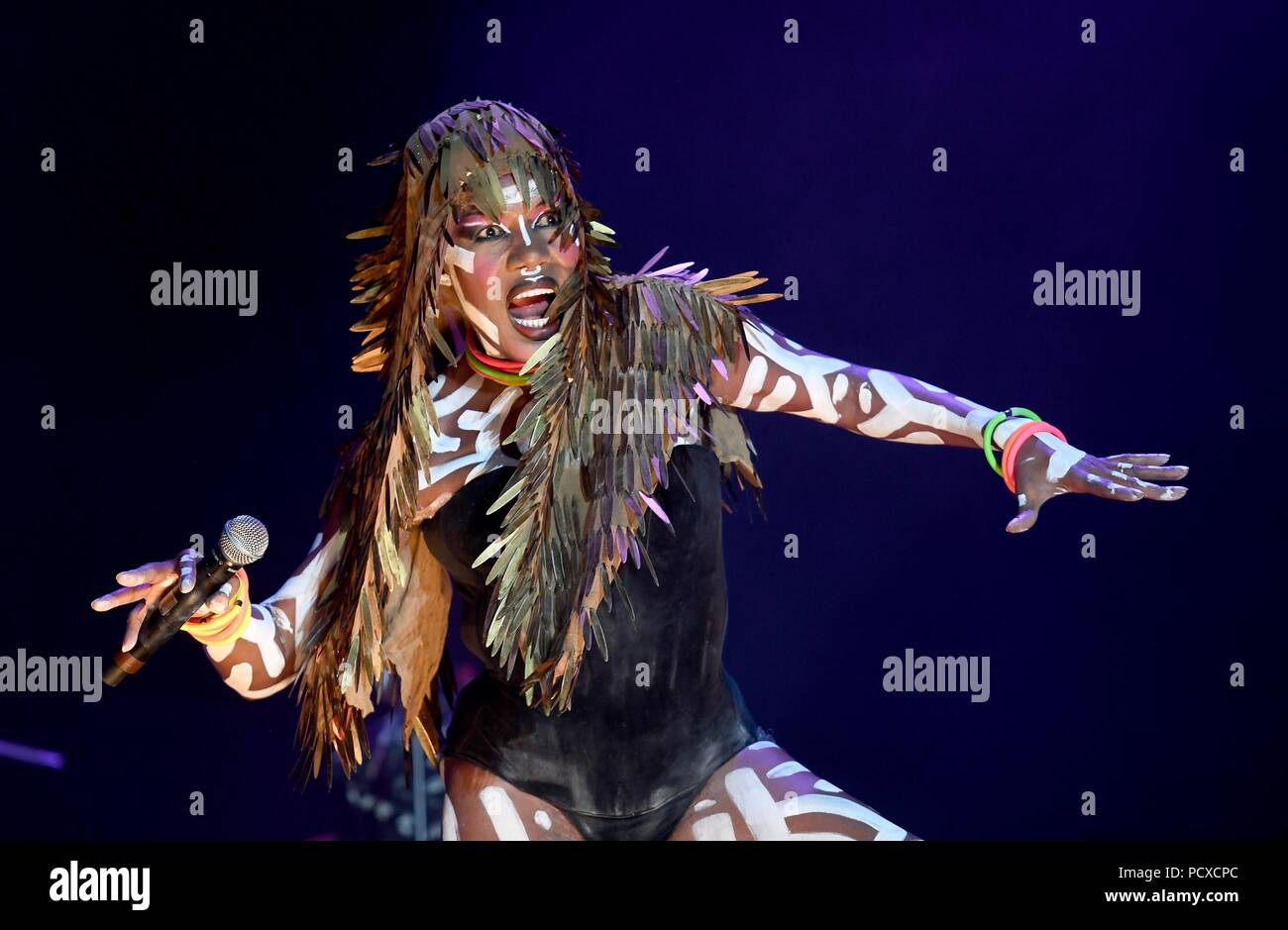Grace Jones performs on stage at Bestival, Dorset, UK Credit: Finnbarr Webster/Alamy Live News Stock Photo