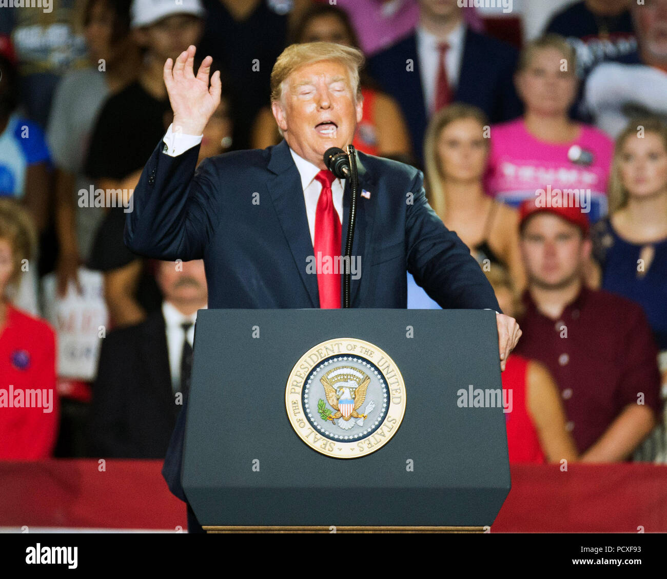 Ohio, USA. 4 August 2018. Donald Trump speaks to the crowd at the Make America Great Again Rally in Powell, Ohio USA. Brent Clark/Alamy Live News Stock Photo