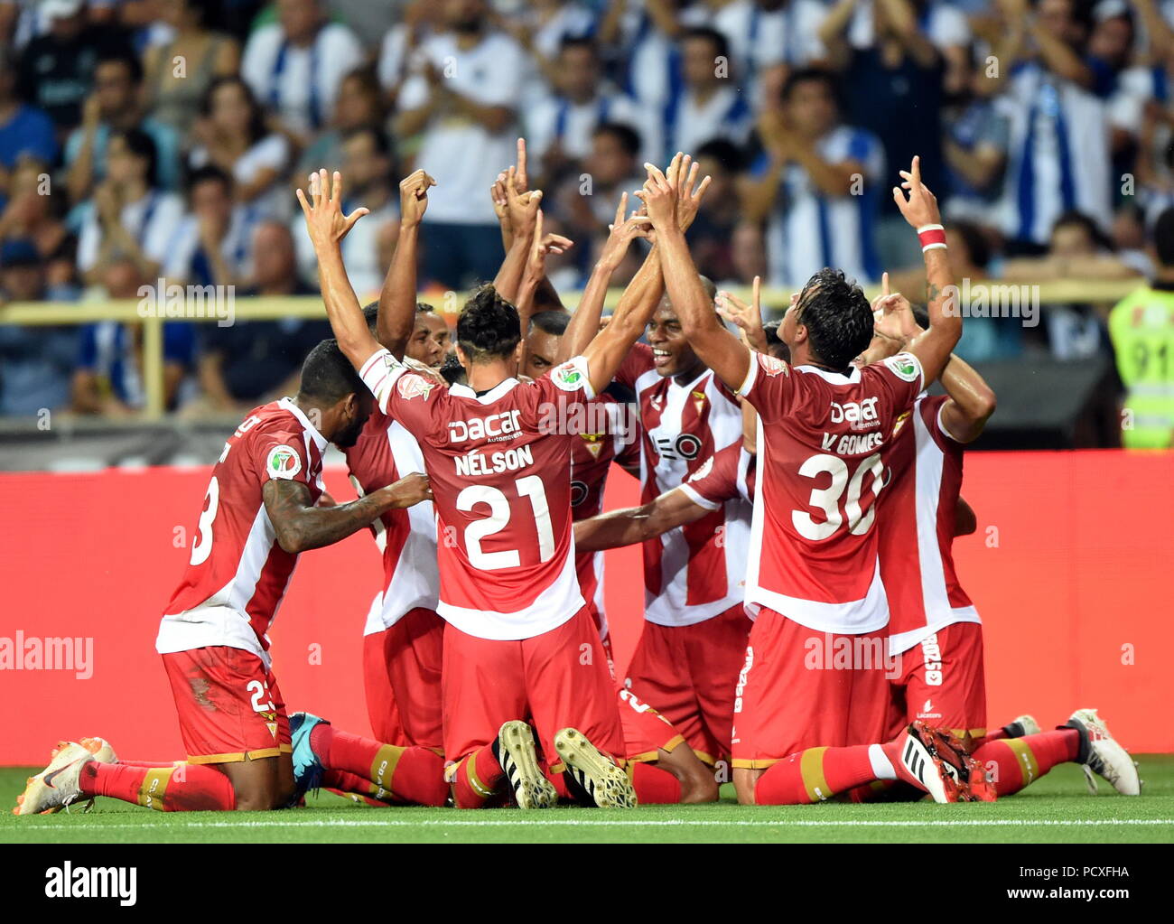Aveiro, Portugal. 4th Aug, 2018. Players of Aves celebrate a goal during  the Portuguese Super Cup soccer match between SL Benfica and CD Aves at the  Aveiro Municiapl Stadium in Aveiro on