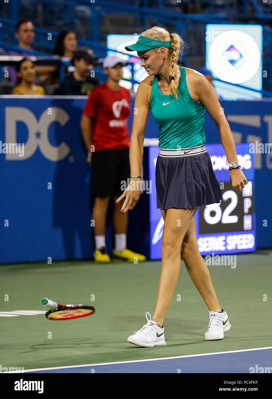 Washington DC, USA. 4 August 2018. Donna Vekic throws her racket to the ...
