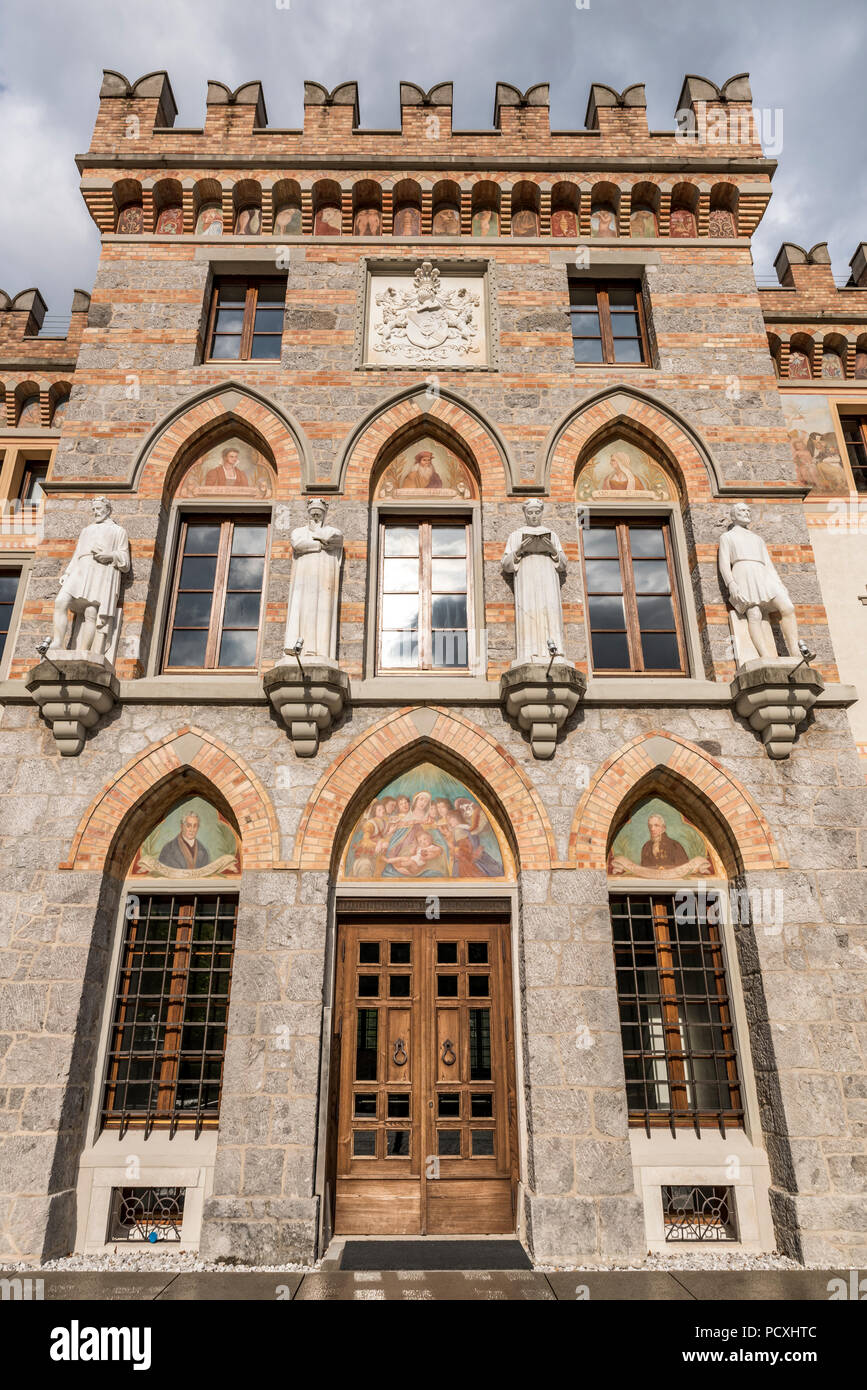PIELUNGO, ITALY,  APRIL 29, 2014: The facade (detail) of Ceconi’s Castle in Pielungo, Pordenone, Italy. Stock Photo