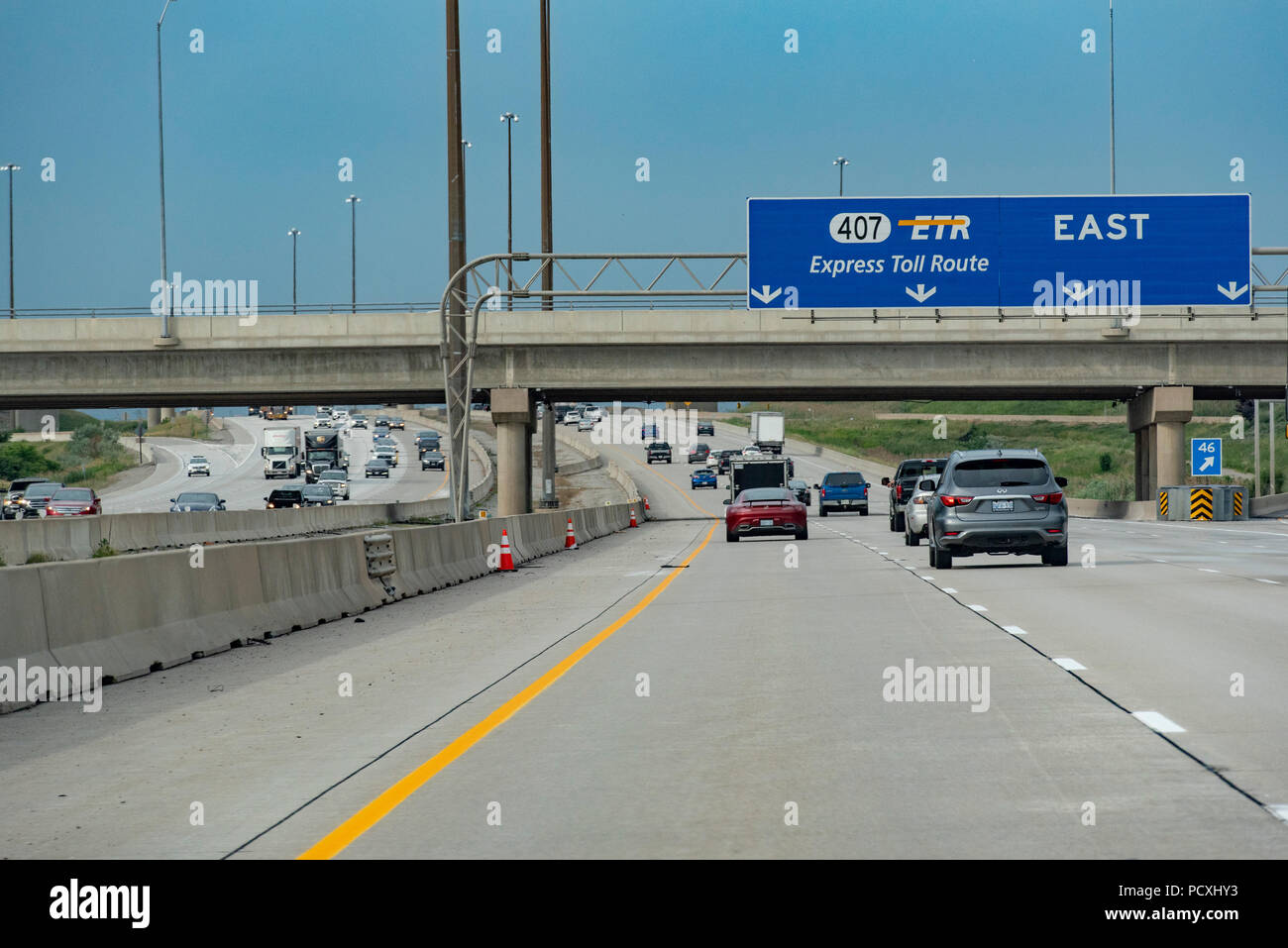 Ontario, Canada.  Highway 407 ETR eastbound west of Toronto. Stock Photo