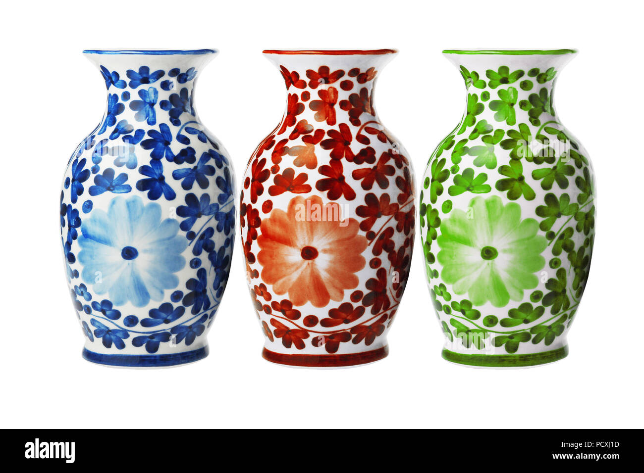Row of Chinese Porcelain Floral Vases on White Background Stock Photo