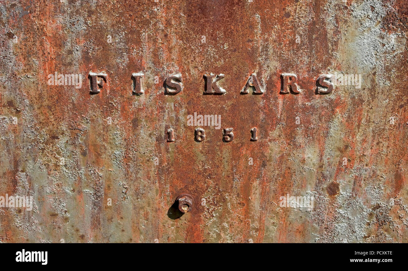 manufactured by Fiskars in 1851, sign on old bridge part at Kansola, Lappeenranta Finland Stock Photo