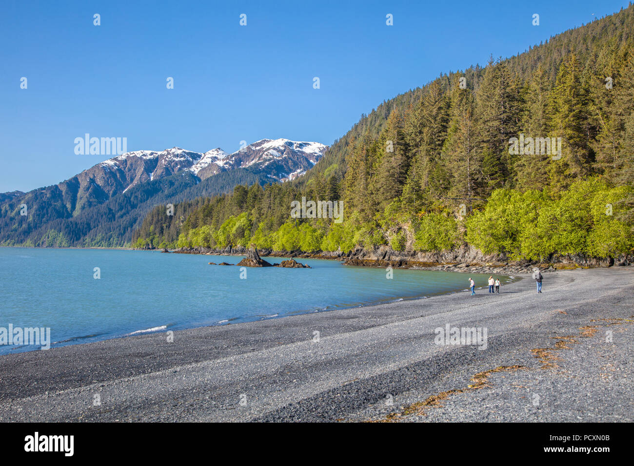 People on bech at Lowell Point on Resurrection Bay in Seward Alaska Stock Photo