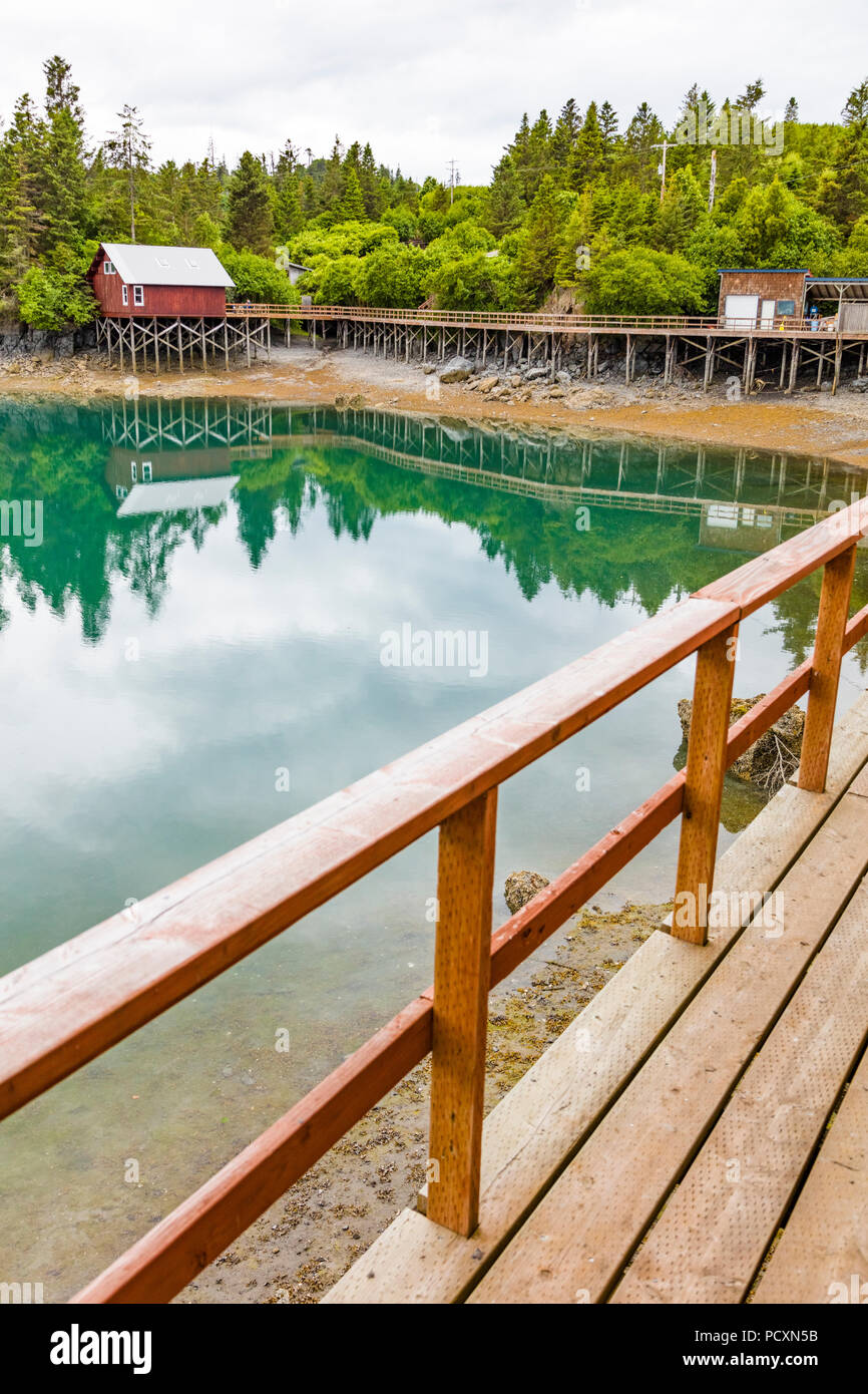 Wooden boardwalk in Halibut Cove on the Kenai Peninsula across Kachemak