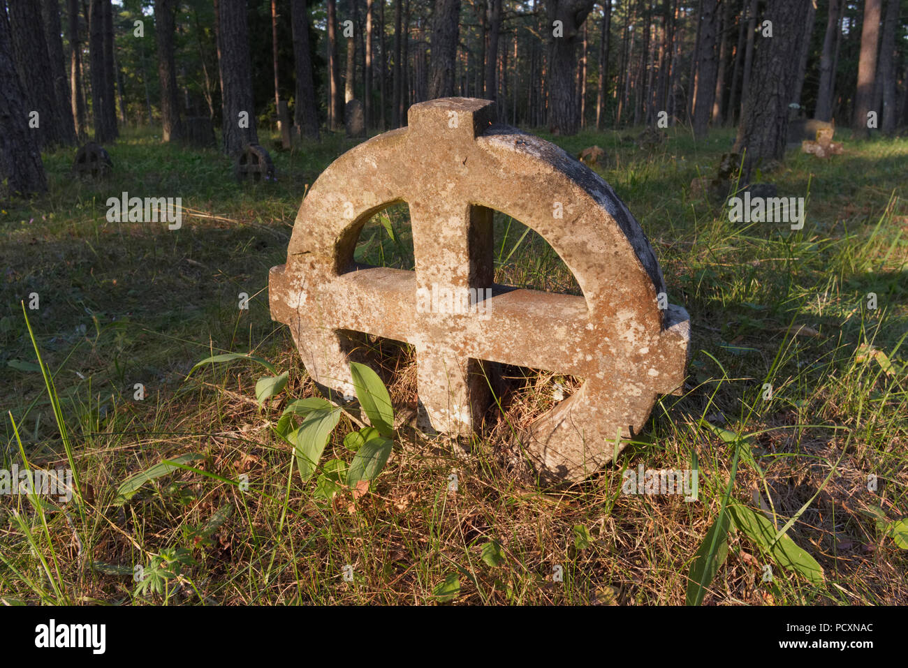 Round crosses in the cemetery of the Vormsi island. Estonia. Stock Photo
