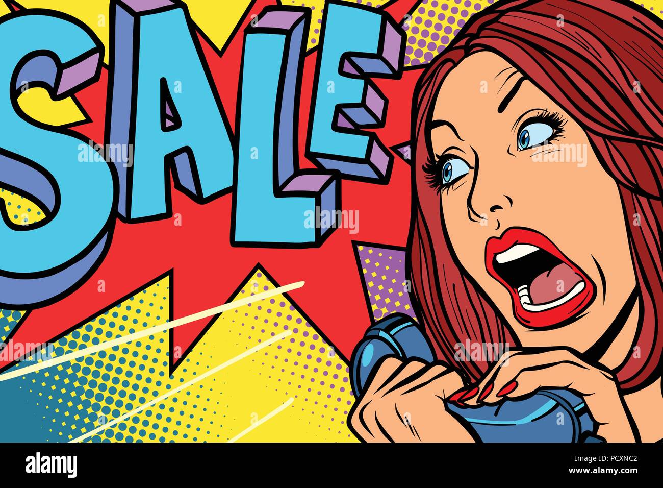 Sale, shopping season. Woman screams in phone Stock Vector