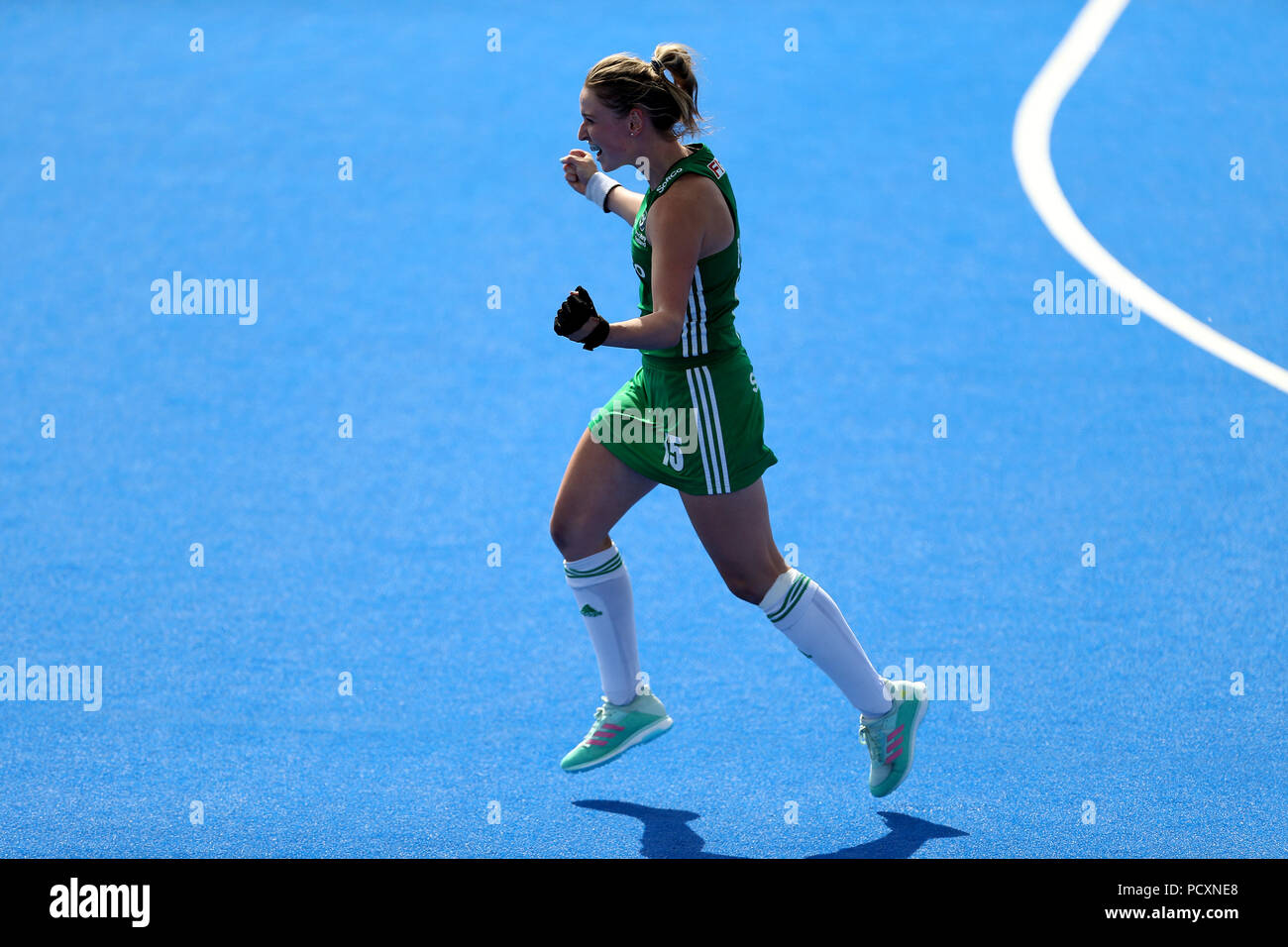 Ireland's Gillian Pinder celebrates scoring the winning goal in sudden death of the shootout to win the match during the Vitality Women's Hockey World Cup Semi Final match at The Lee Valley Hockey and Tennis Centre, London. PRESS ASSOCIATION Photo, Picture date: Saturday August 4, 2018. Photo credit should read: Steven Paston/PA Wire Stock Photo