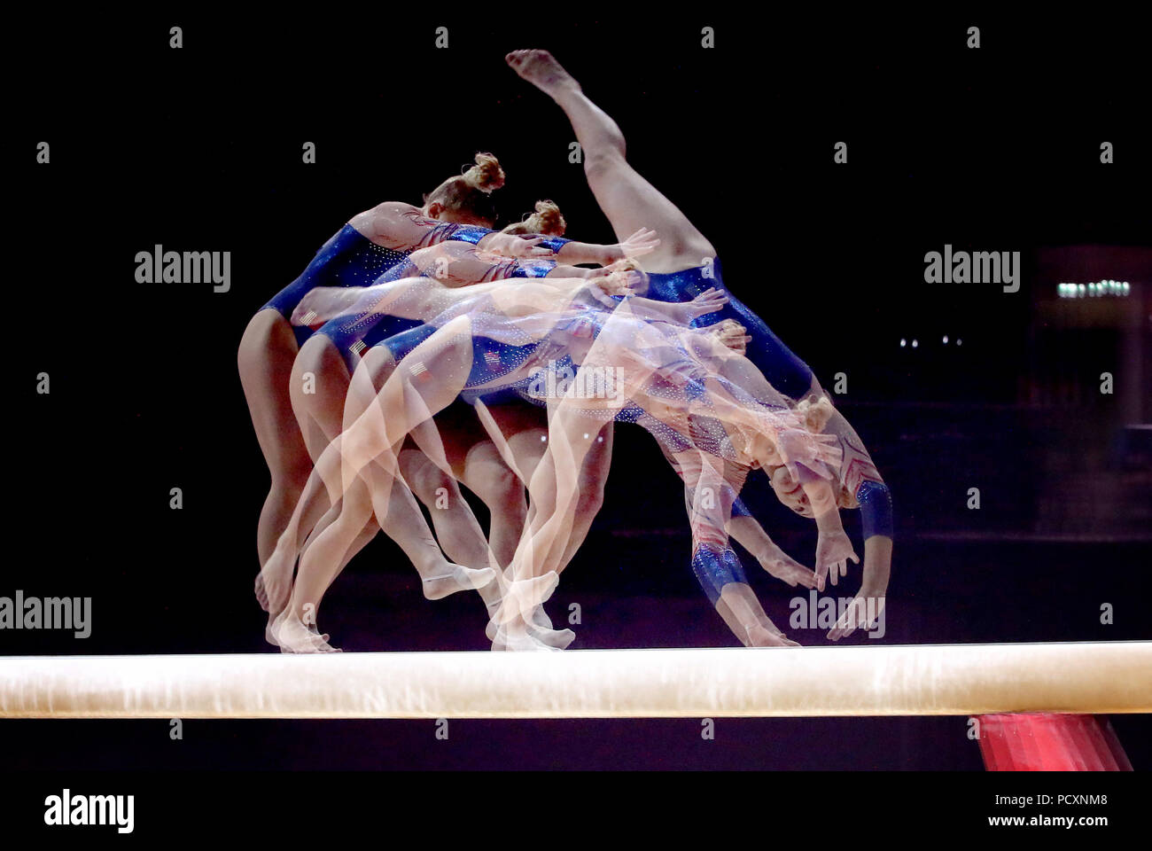 France's Lorette Charpy on the balance beam during day three of the 2018 European Championships at The SSE Hydro, Glasgow. ***IN-CAMERA MULTIPLE EXPOSURE*** Stock Photo