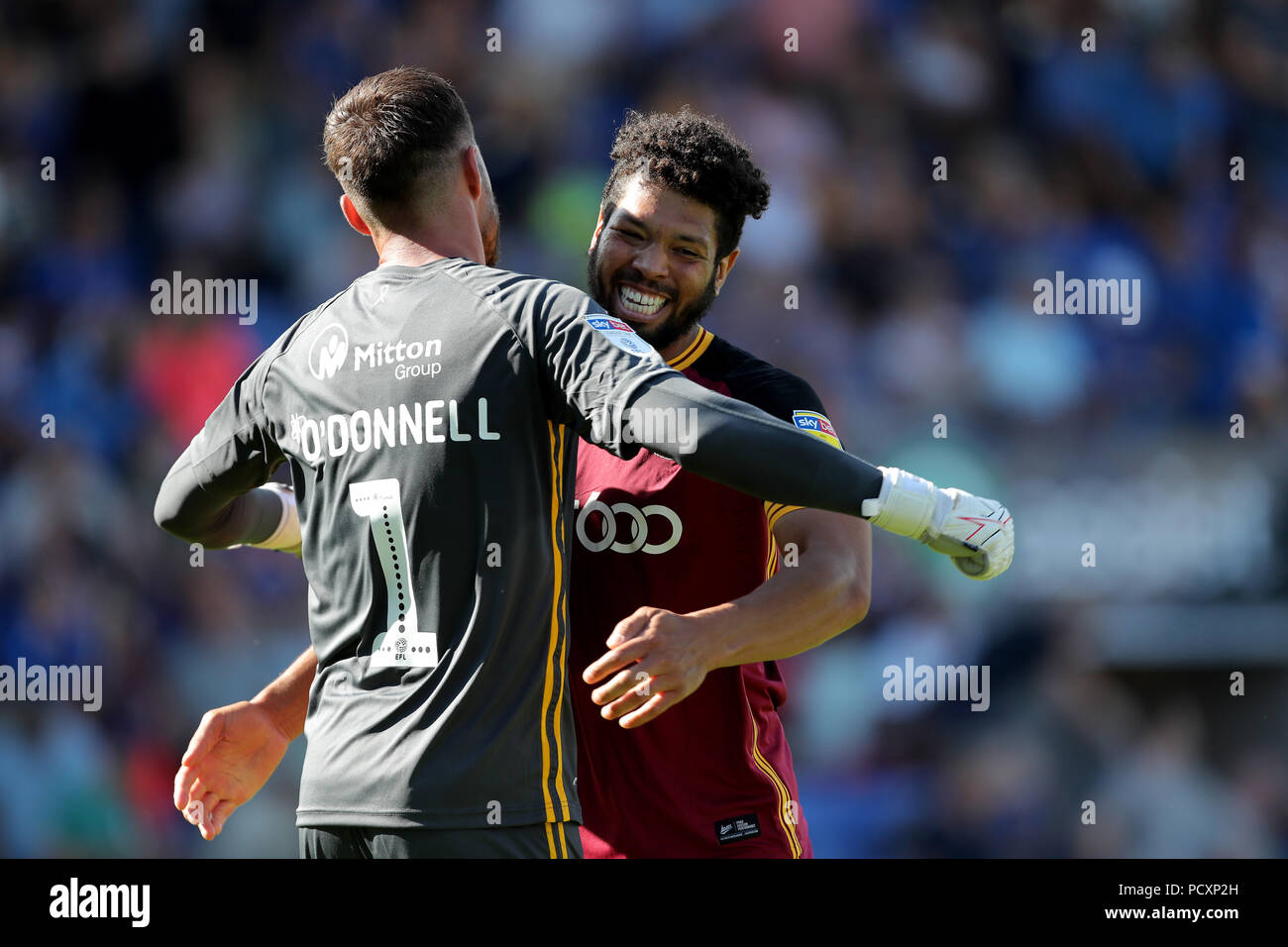 Bradford City's Richard O'Donnell and Bradford City's Nathaniel Knight-Percival after the win at the Sky Bet League One match at Montgomery Waters Meadow, Shrewsbury. Stock Photo