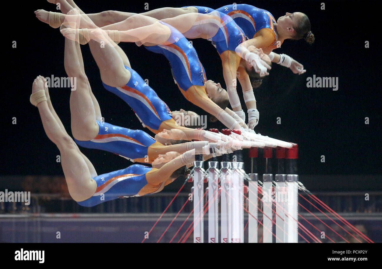 Netherland's Vera Van Pol on the uneven bars during day three of the 2018 European Championships at The SSE Hydro, Glasgow. ***IN-CAMERA MULTIPLE EXPOSURE*** Stock Photo