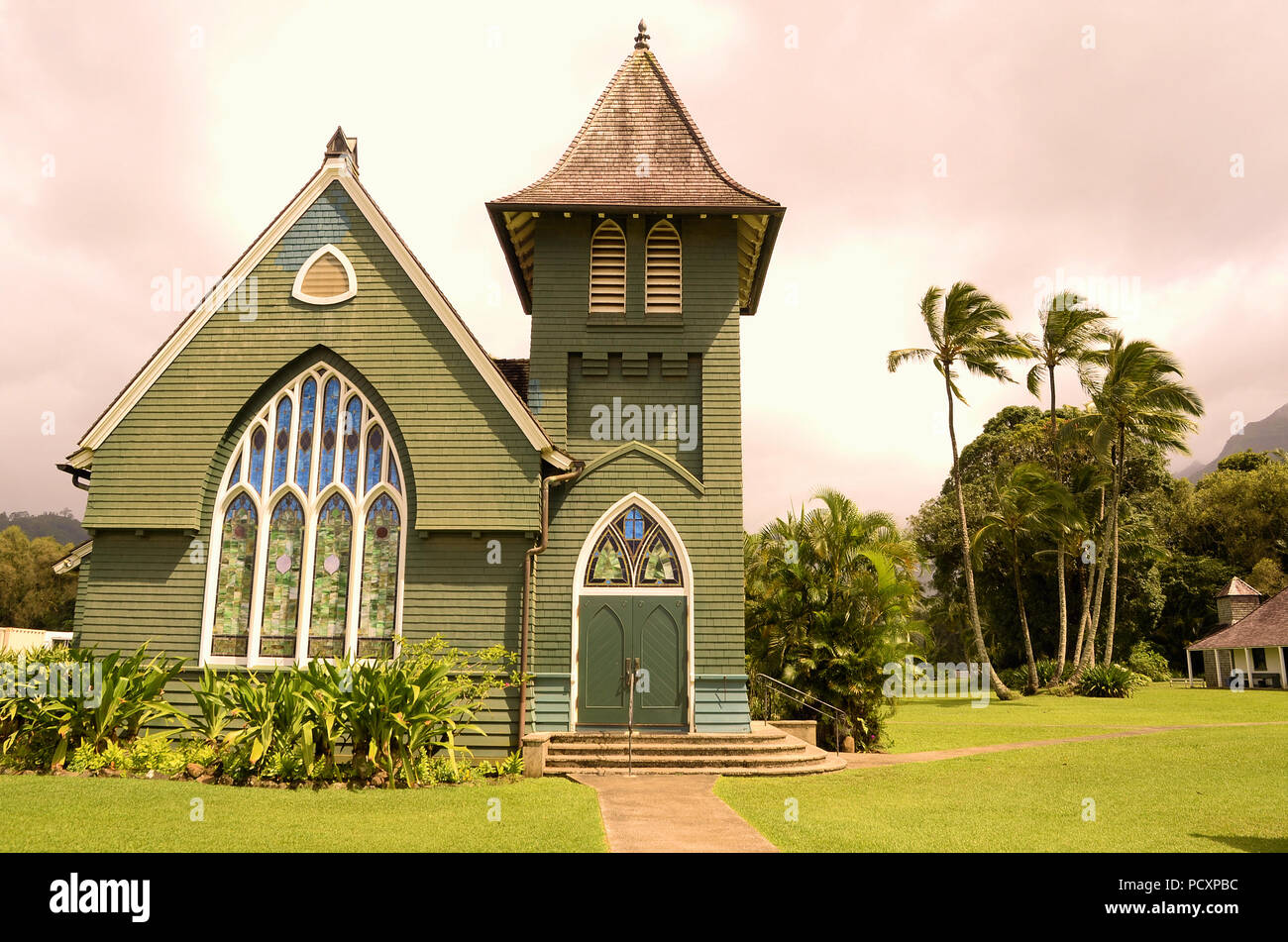 Waioli Huiia Church (established in 1912) in Hanalei, Kaua'i, Hawaii, on a cloudy day. Stock Photo