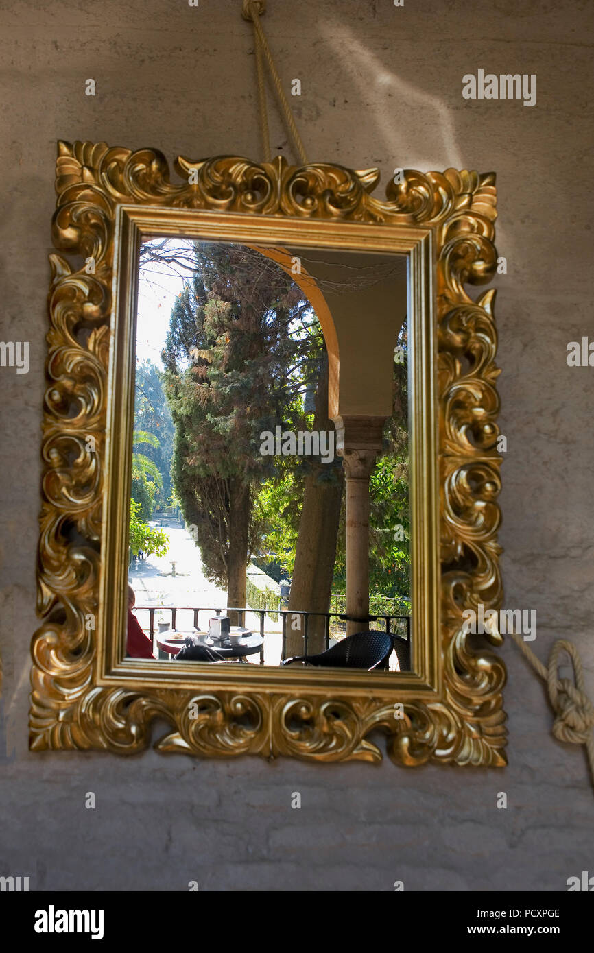 View of the Jardin del Marqués de La Vega-Inclán, reflected in an elaborate wall mirror, Real Alcázar Gardens, Sevilla, Andalusia, Spain Stock Photo