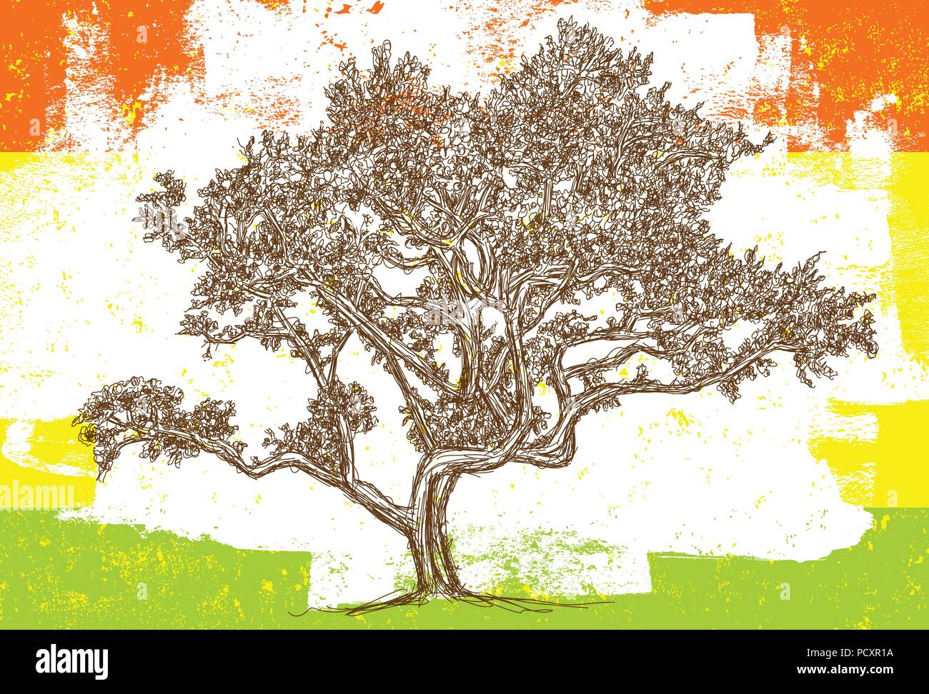 Sketchy Oak tree A sketchy oak tree over a distressed background. Stock Vector