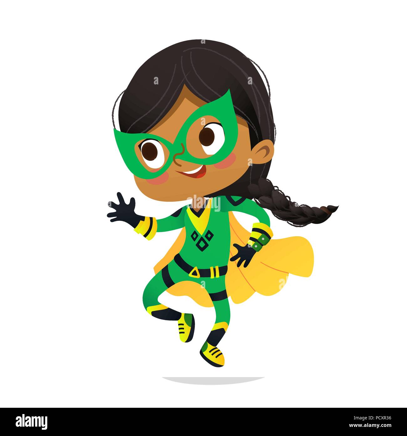 Dancing African-American Girl wearing colorful costume of superheroe, isolated on white background. Cartoon vector characters of Kid Superheroes, for party, invitations, web, mascot Stock Vector