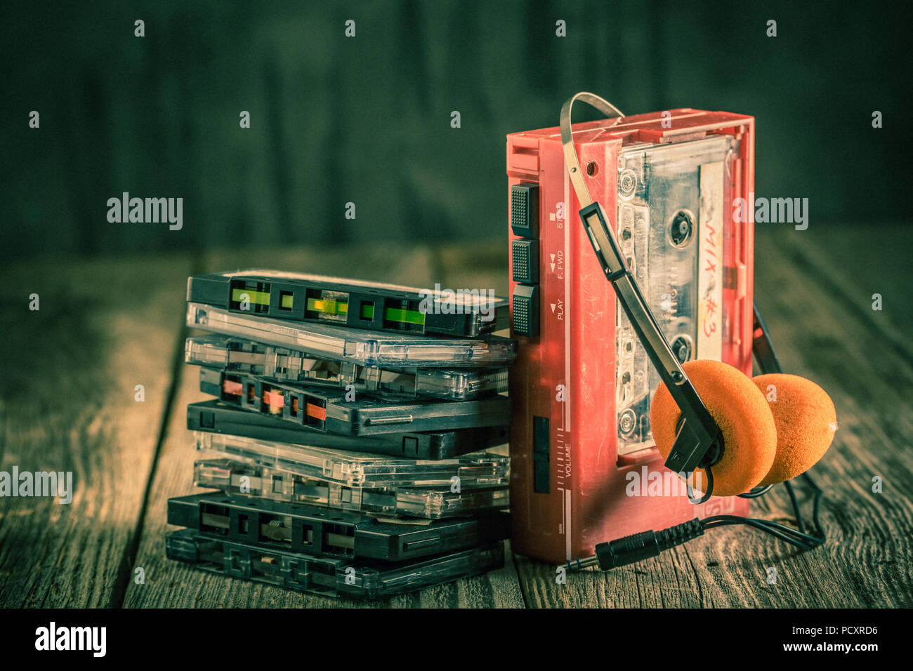 Antique cassette tape with headphones and walkman Stock Photo Alamy