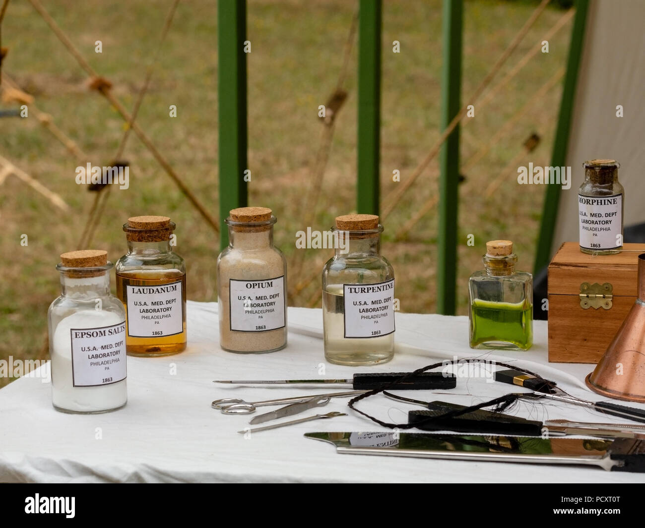 Duncans Mills, CA - July 14, 2018: Physicians’ table featuring amputation tols at the Civil War Days event. This is Northern California's largest civi Stock Photo