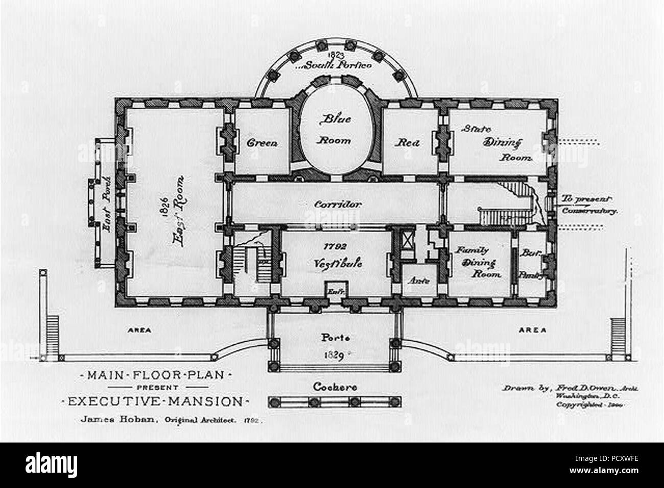 Alterations to the Executive Mansion for Mrs. Benjamin Harrison Pennsylvania Avenue N.W. Washington D.C. Main floor plan measured drawing) - drawn by Fred D. Owen archt. Washington Stock Photo