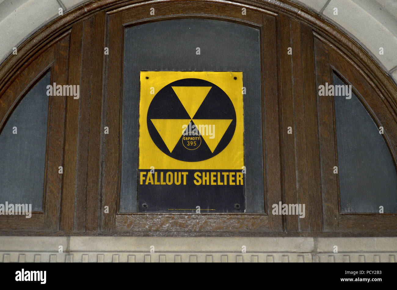 Fallout Shelter sign in downtown San Antonio, Texas, United States (capacity: 395 people). Stock Photo