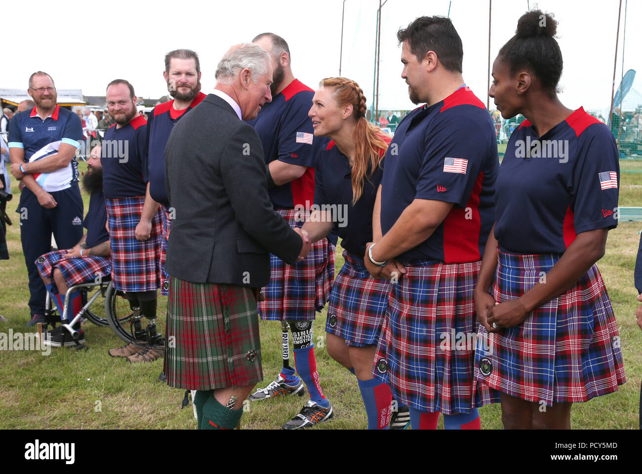 The Prince of Wales, known as the Duke of Rothesay in Scotland meets with wounded and injured ex-armed forces taking part in the Mey Highland &amp; Cultural Games at the John O'Groats Showground in Caithness. Stock Photo