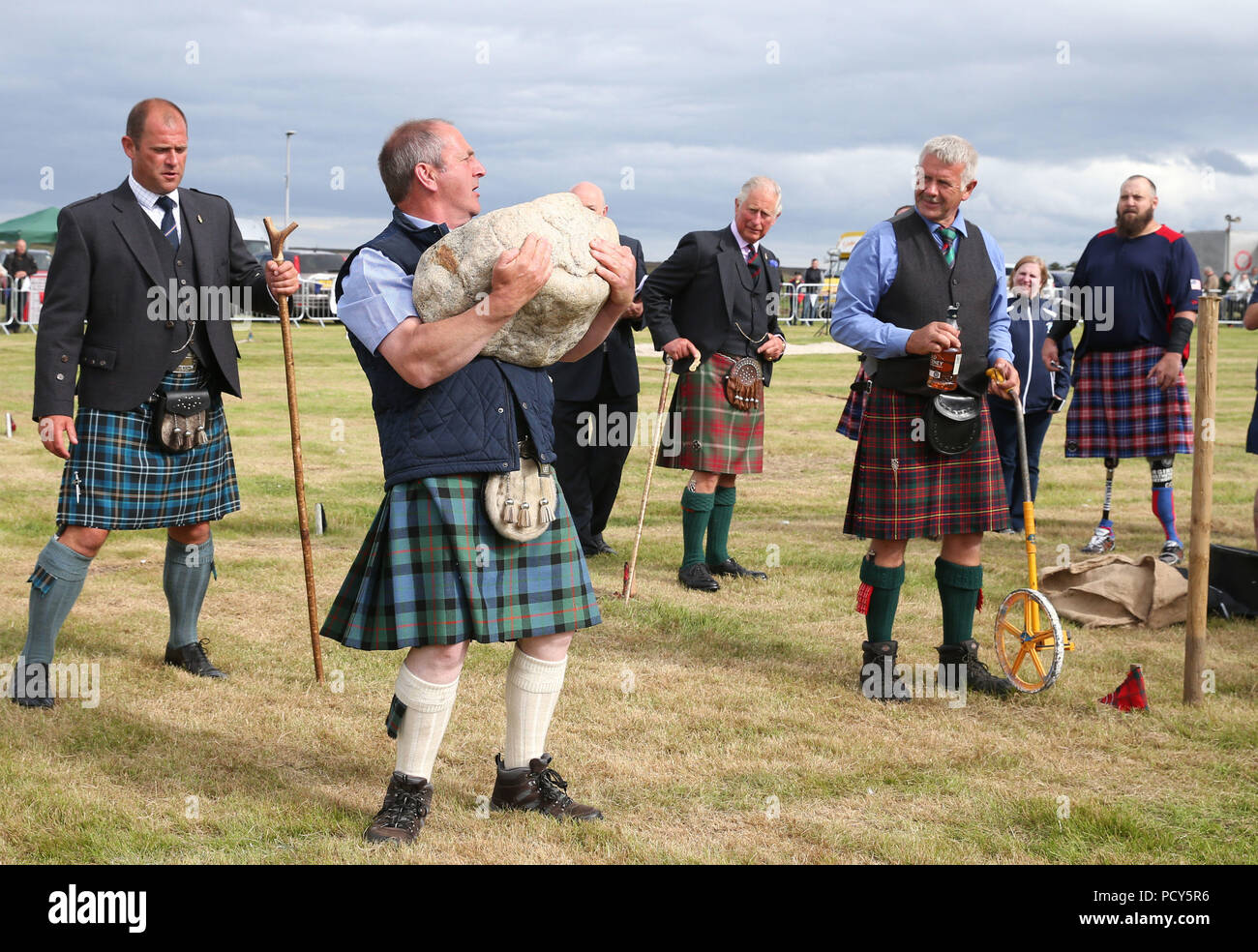The Prince of Wales, known as the Duke of Rothesay in Scotland, looks on as he attends the Mey Highland & Cultural Games at the John O'Groats Showground in Caithness. Stock Photo