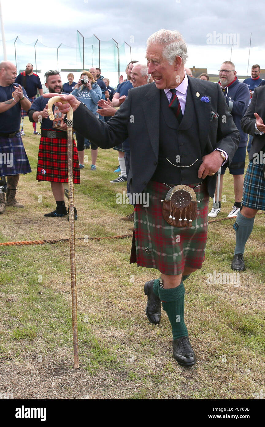 The Prince of Wales, known as the Duke of Rothesay in Scotland, meets with wounded and injured ex-armed forces, as he attends the Mey Highland &amp; Cultural Games at the John O'Groats Showground in Caithness. Stock Photo