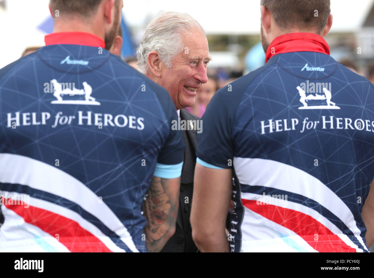 The Prince of Wales, known as the Duke of Rothesay in Scotland, meets with wounded and injured ex-armed forces, as he attends the Mey Highland &amp; Cultural Games at the John O'Groats Showground in Caithness. Stock Photo