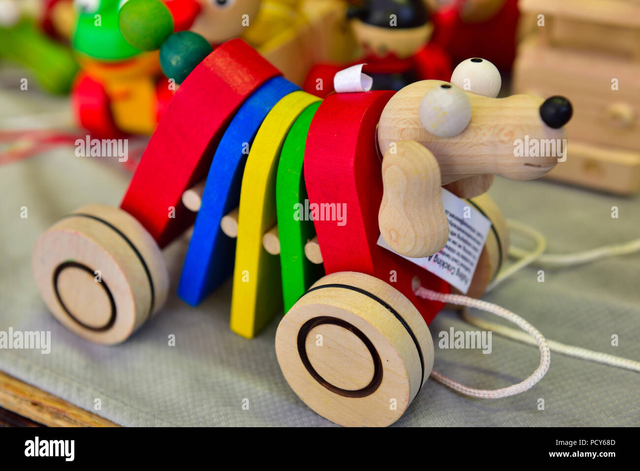 Traditional wooden toy dog on display for sale in Prague Stock Photo