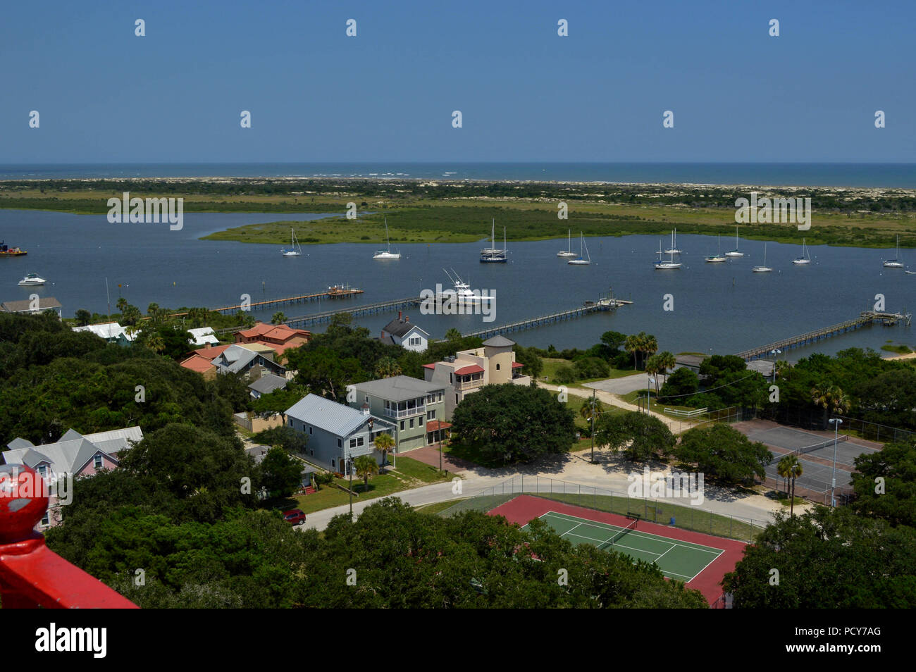 Aerial View of Florida Coastline and Docked Boats on A Sunny Day Stock Photo