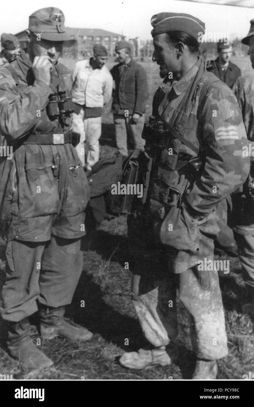 An Oberleutnant and Oberjäger (wearing an Army cap) of Fallschirmjäger-Regiment 10, in splinter camouflage smocks, relax during a lull in the action in Italy in 1943-44. Stock Photo