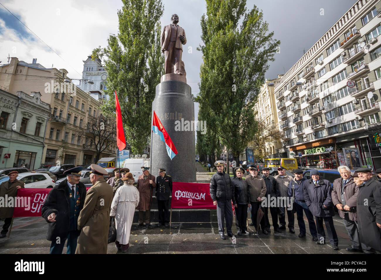 Veterans of the Ukrainian Insurgent Army celebrate their 69th anniversary by Lenin’s monument in Kiev. Stock Photo
