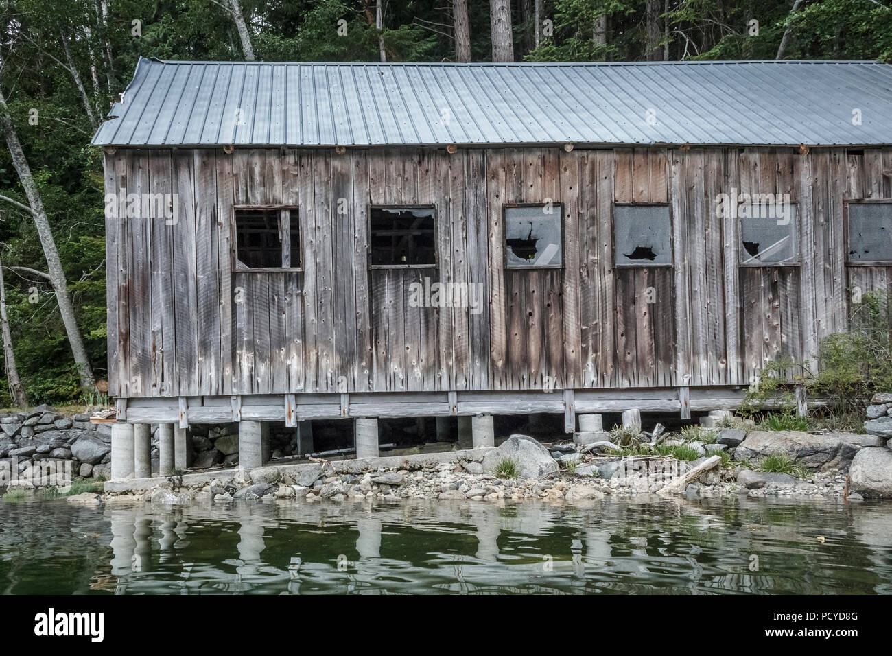 A neglected old wooden shed with concrete supports, metal roof and  glass missing from its windows extends out from shore over the intertidal area. Stock Photo