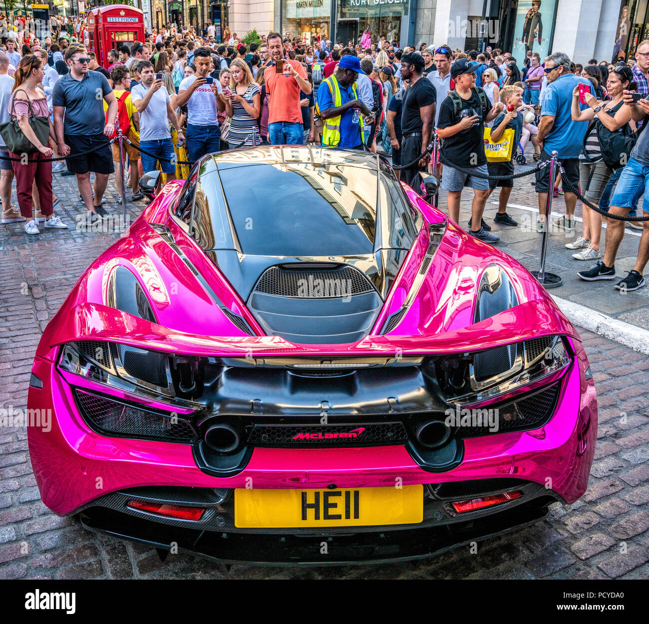 4 August 2018 - London, England. Pink supercar McLaren displayed in Covent Garden, London for the Gumball 3000 rally event. Stock Photo