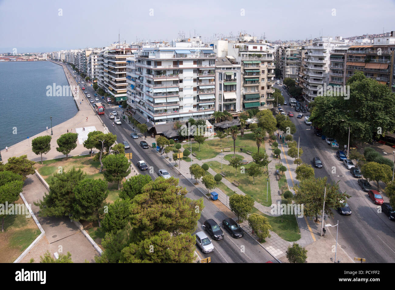 An aerial  view across Thessaloniki waterfront and city taken from the White Tower of the city of Thessaloniki, Greece Stock Photo