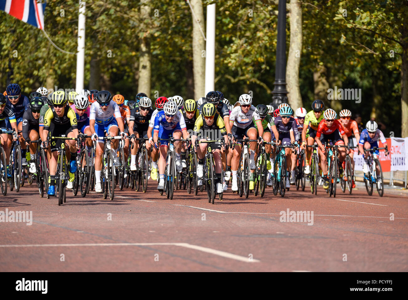 Women's cyclists in the peloton on The Mall, London, UK, at the Prudential RideLondon Classique women's cycle race Stock Photo