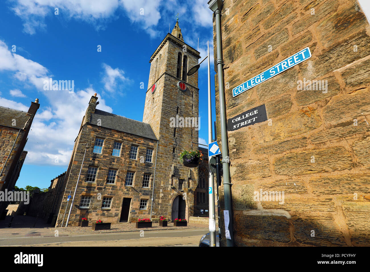 College Street and the clock tower of St Salvator's Chapel at the University of St Andrews, St Andrews, Fife, Scotland Stock Photo