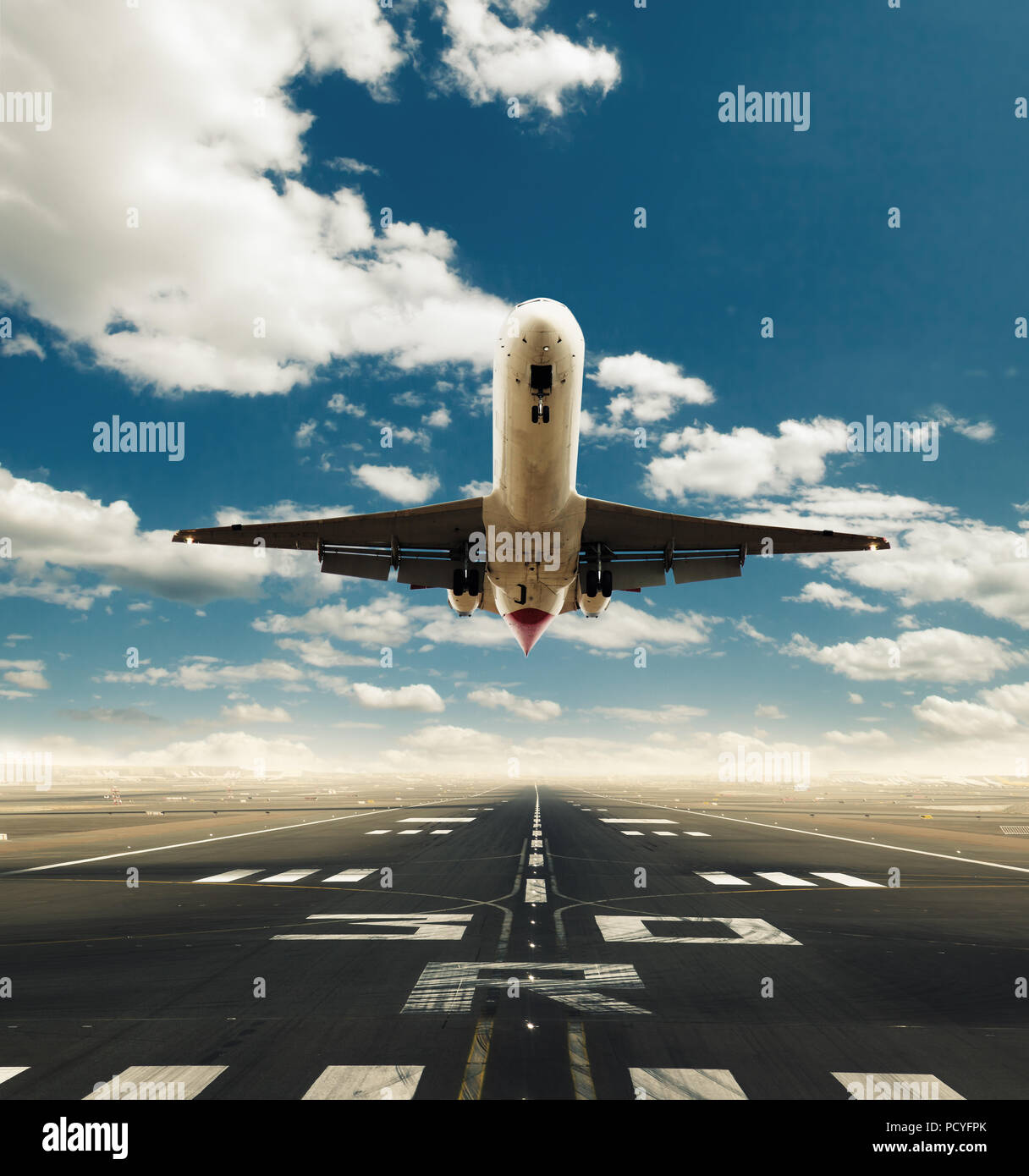 Commercial airplane taking off runway in day light. Concept of modern ...