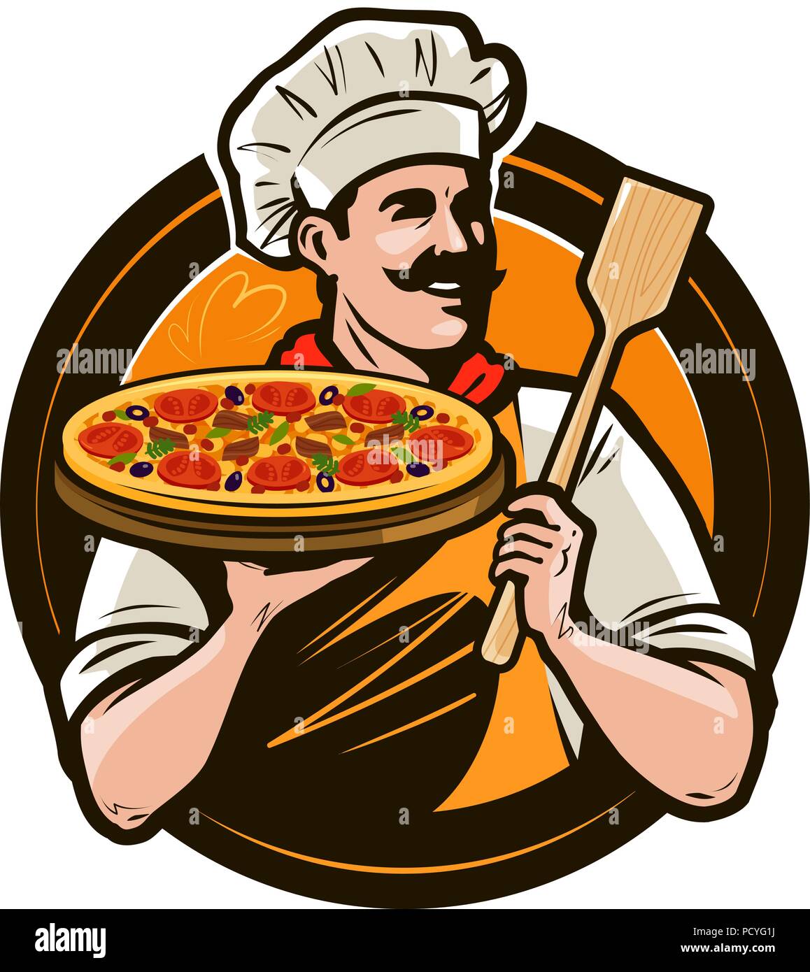 Pizzeria, fast food logo or label. Happy chef holding pizza and scapula in hands. Vector illustration Stock Vector