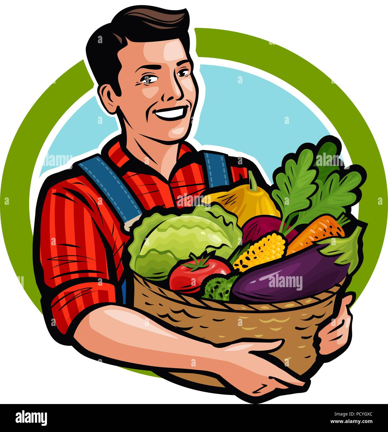 Happy farmer holding wicker basket full of fresh vegetables