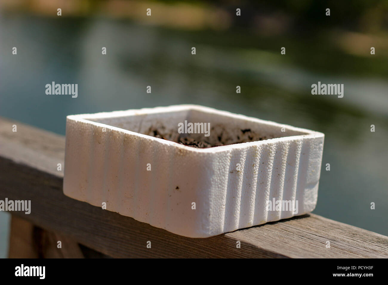 A styrofoam bait worm container on a ledge next to a lake ready to be