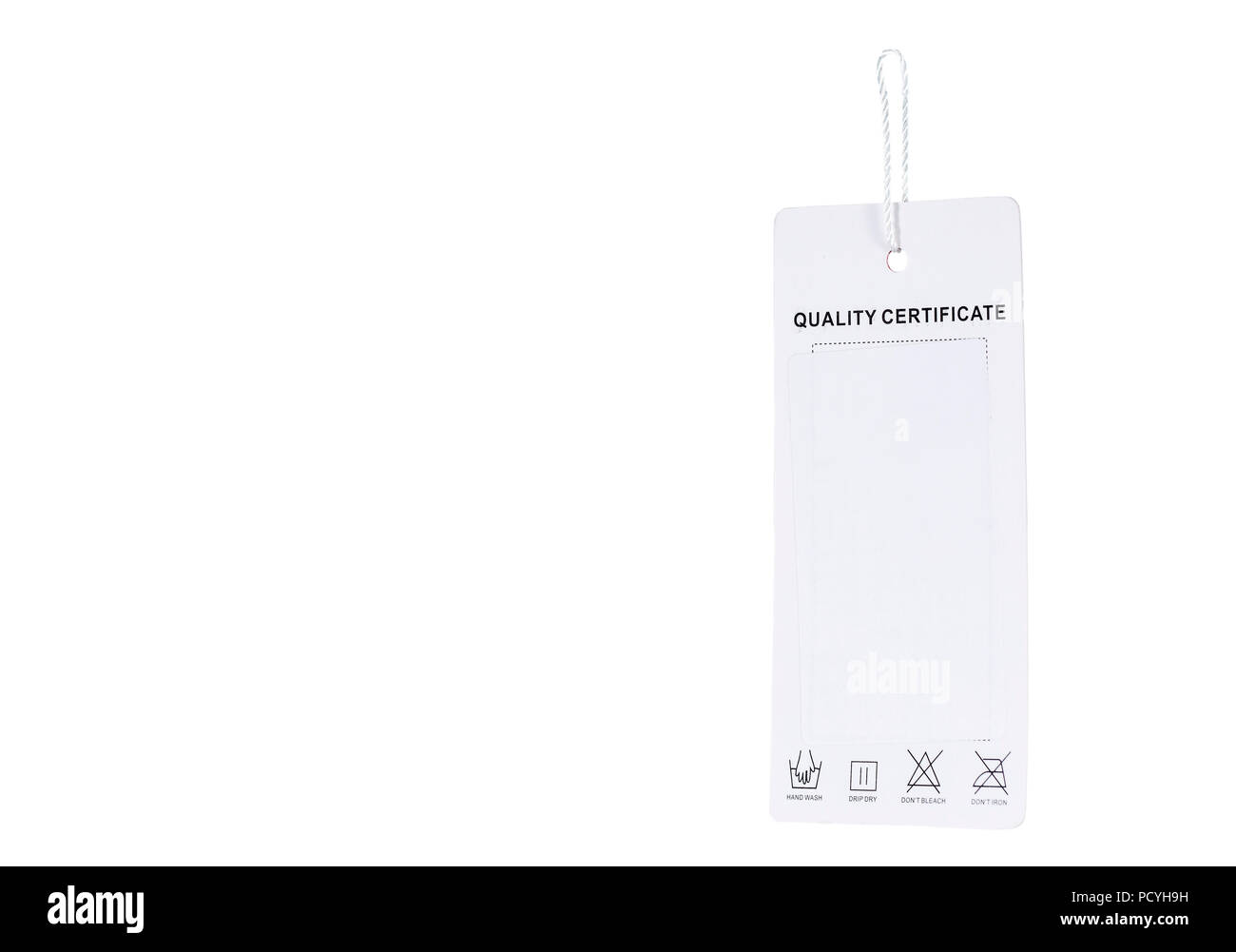 White tag for information quality and symbol for care product. Stock Photo