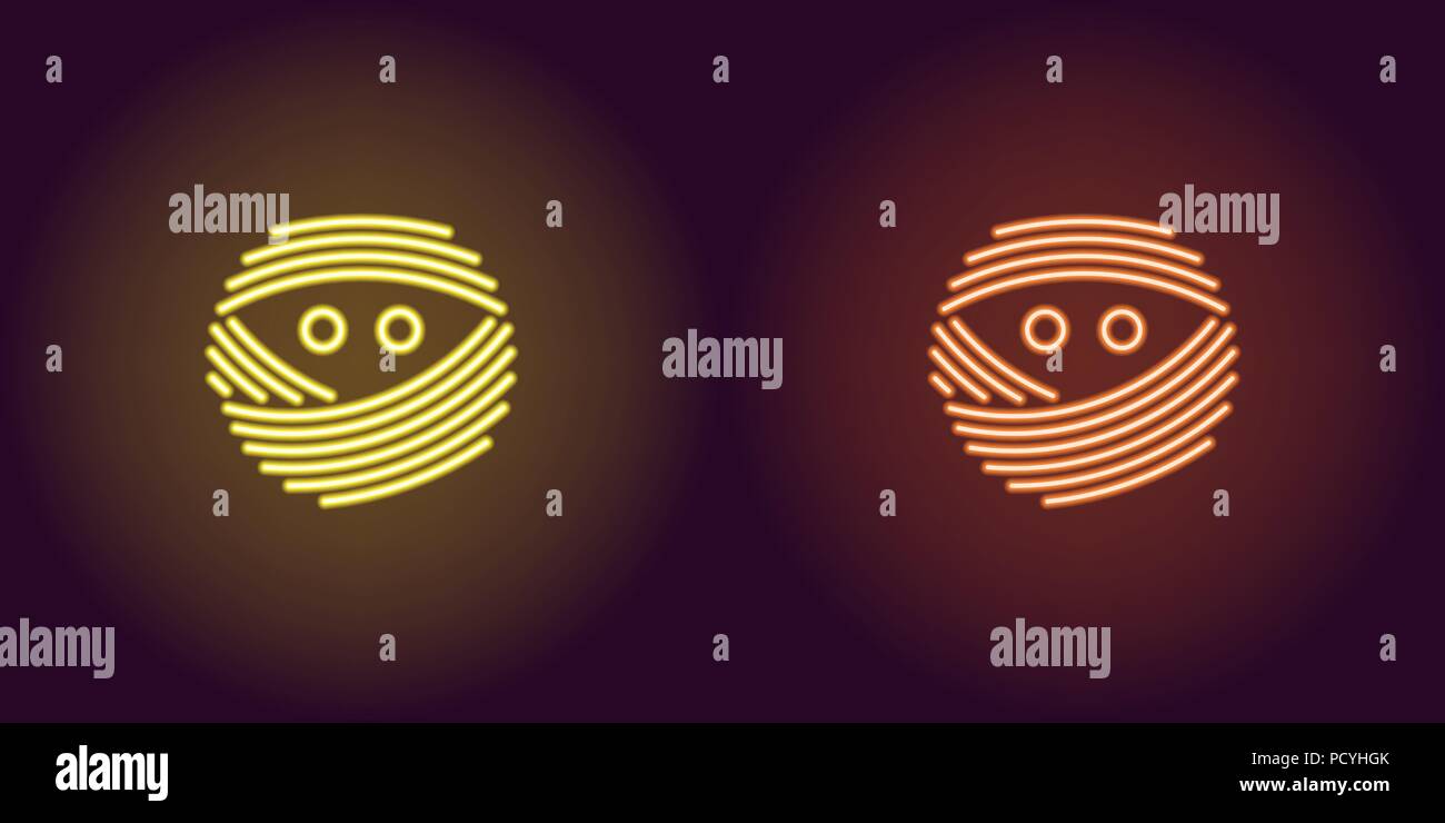 Neon mummy face in yellow and orange color. Vector illustration icon of bandaged Mummy head with eyes in glowing neon style. Illuminated graphic eleme Stock Vector