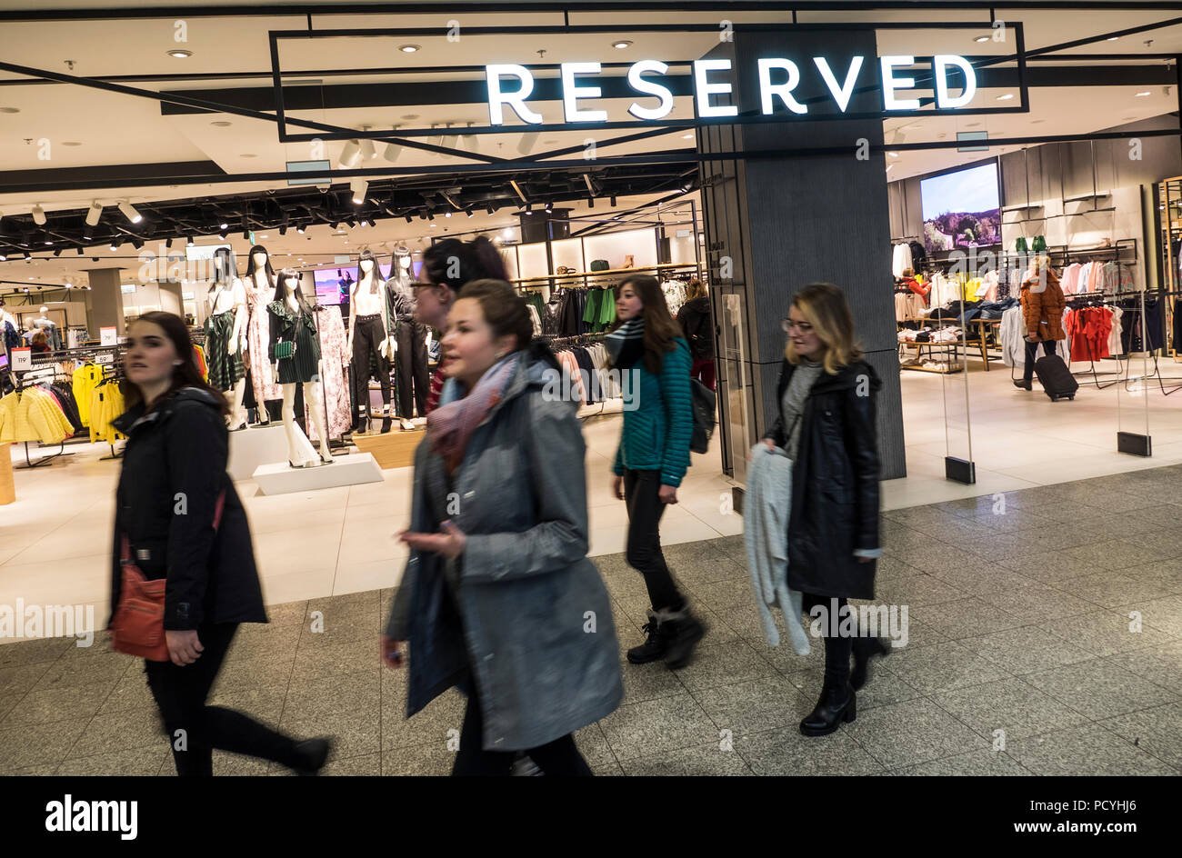 POLAND, KRAKOW - March 19, 2018: Reserved store in Galeria Krakowska.  Reserved is one of brands of LPP S. A. (Lubianiec Piechocki and Partnerzy)  is a large Polish retailing company based in