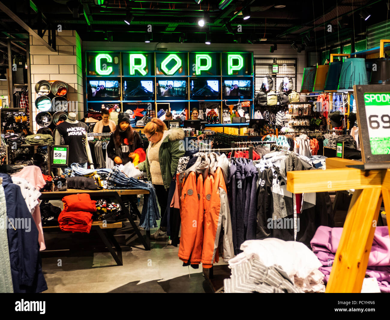 POLAND, KRAKOW - March 19, 2018: Cropp store in Galeria Krakowska. Cropp is  one of brands of LPP S. A. (Lubianiec Piechocki and Partnerzy) is a large  Polish retailing company based in