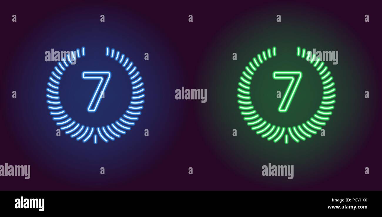 Neon Seventh place in blue and green color. Vector illustration icon of seventh Position in glowing neon style. Illuminated graphic Rating element for Stock Vector